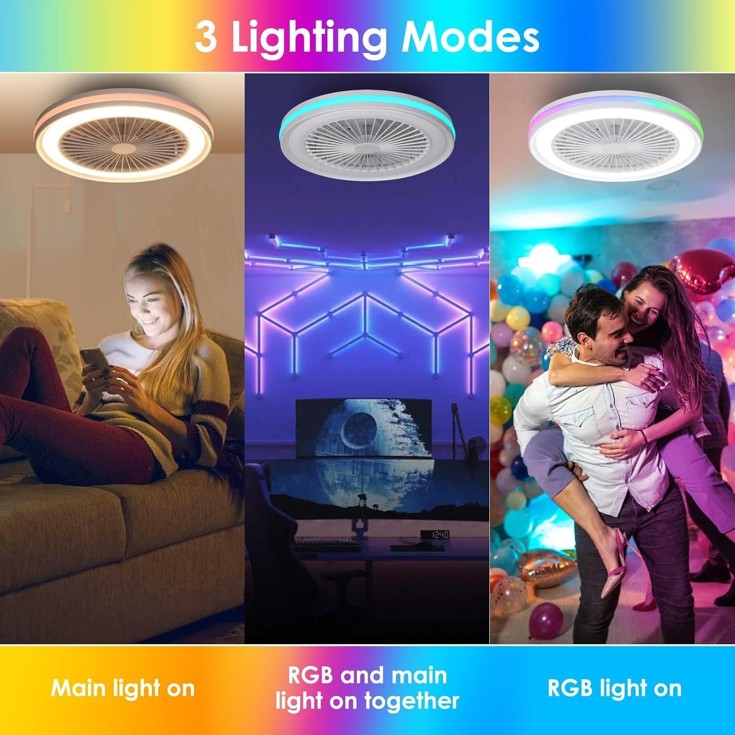 Zenlavia Moderne Deckenventilator met Verlichting, RGB LED, 47 cm, Wit