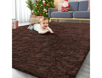 Homaxy Groot pluizig hoogpolig tapijt, antislip, machinewasbaar, bedmat voor woonkamer, kinderkamer en kinderkamer, koffie, 240 x 340 cm