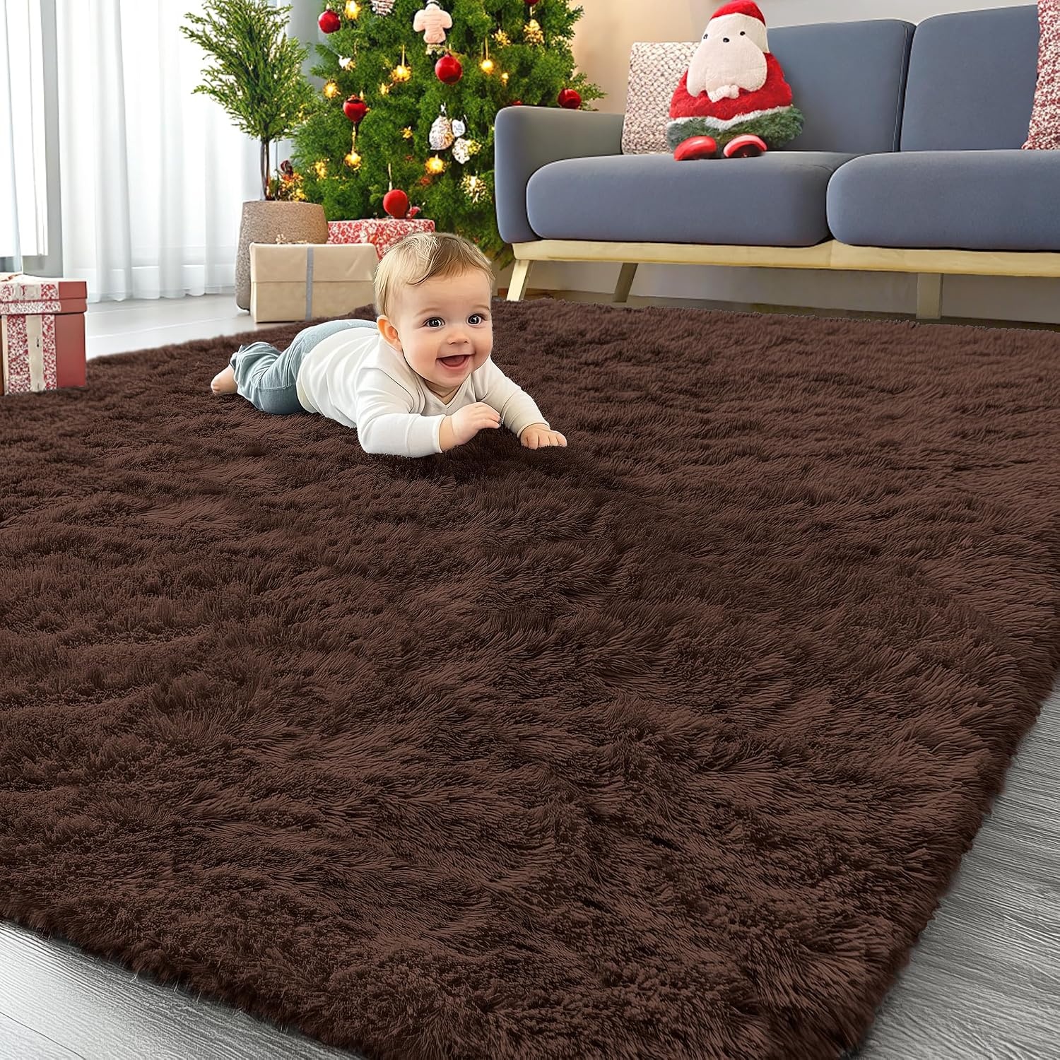 Homaxy Groot pluizig hoogpolig tapijt, antislip, machinewasbaar, bedmat voor woonkamer, kinderkamer en kinderkamer, koffie, 240 x 340 cm