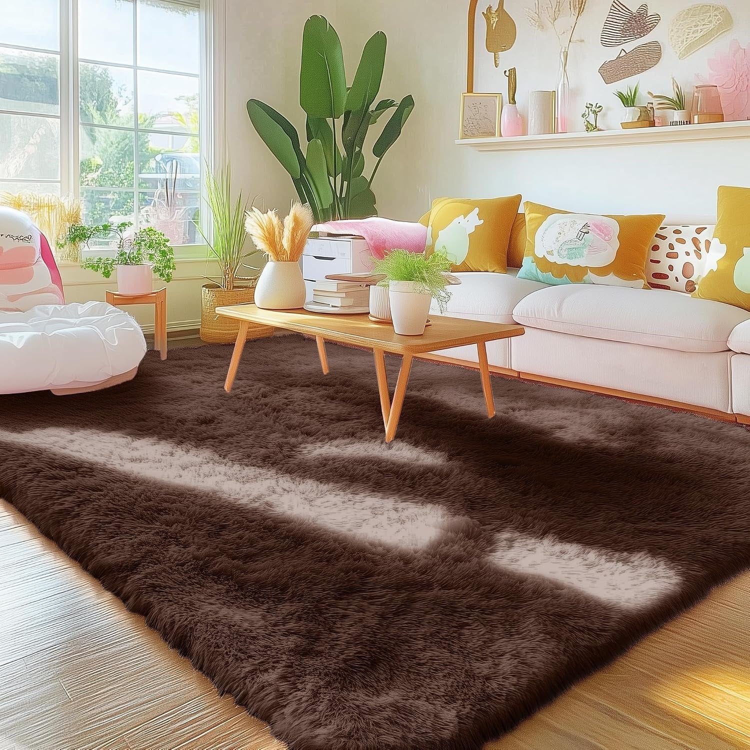 Homaxy Groot pluizig hoogpolig tapijt, antislip, machinewasbaar, bedmat voor woonkamer, kinderkamer en kinderkamer, koffie, 240 x 340 cm