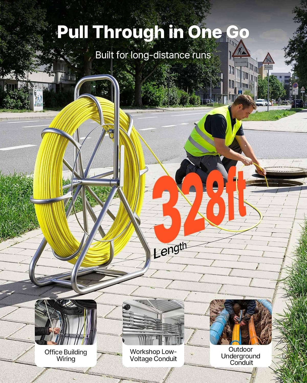 VEVOR Glasvezel Trekveer 100 meter - 6,3 mm - Geel - Met Standdaard