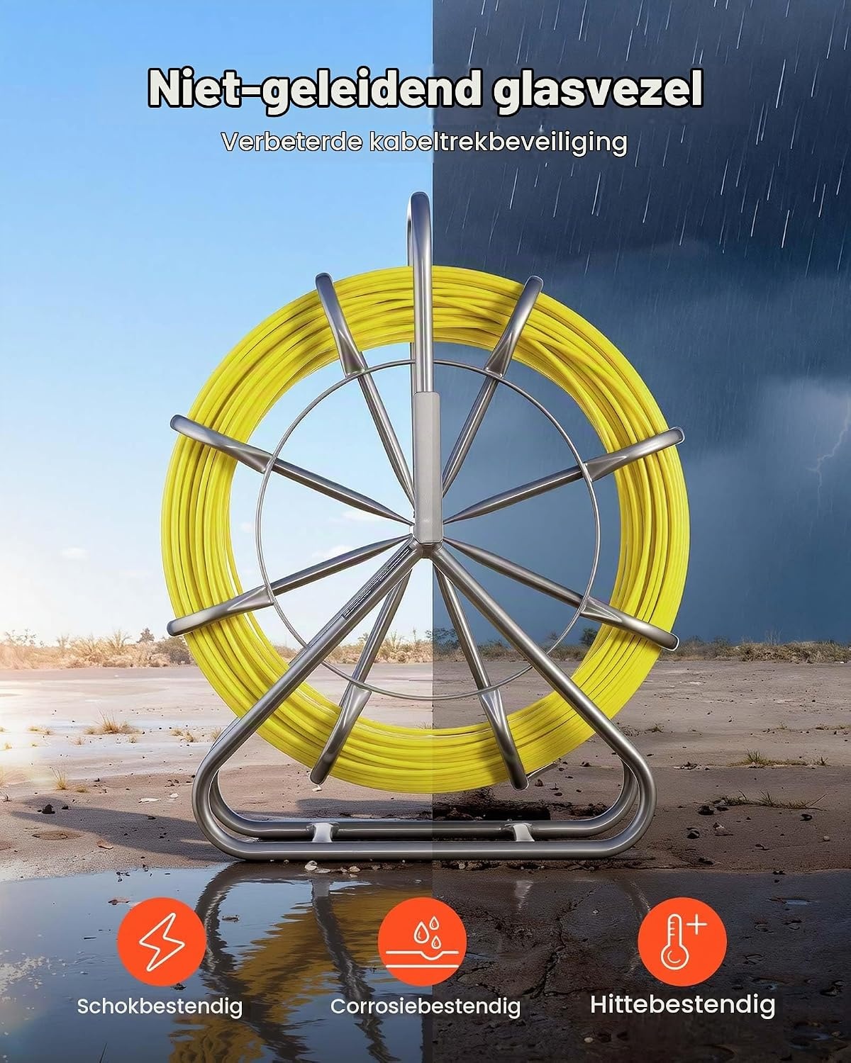 VEVOR Glasvezel Trekveer 100 meter - 6,3 mm - Geel - Met Standdaard