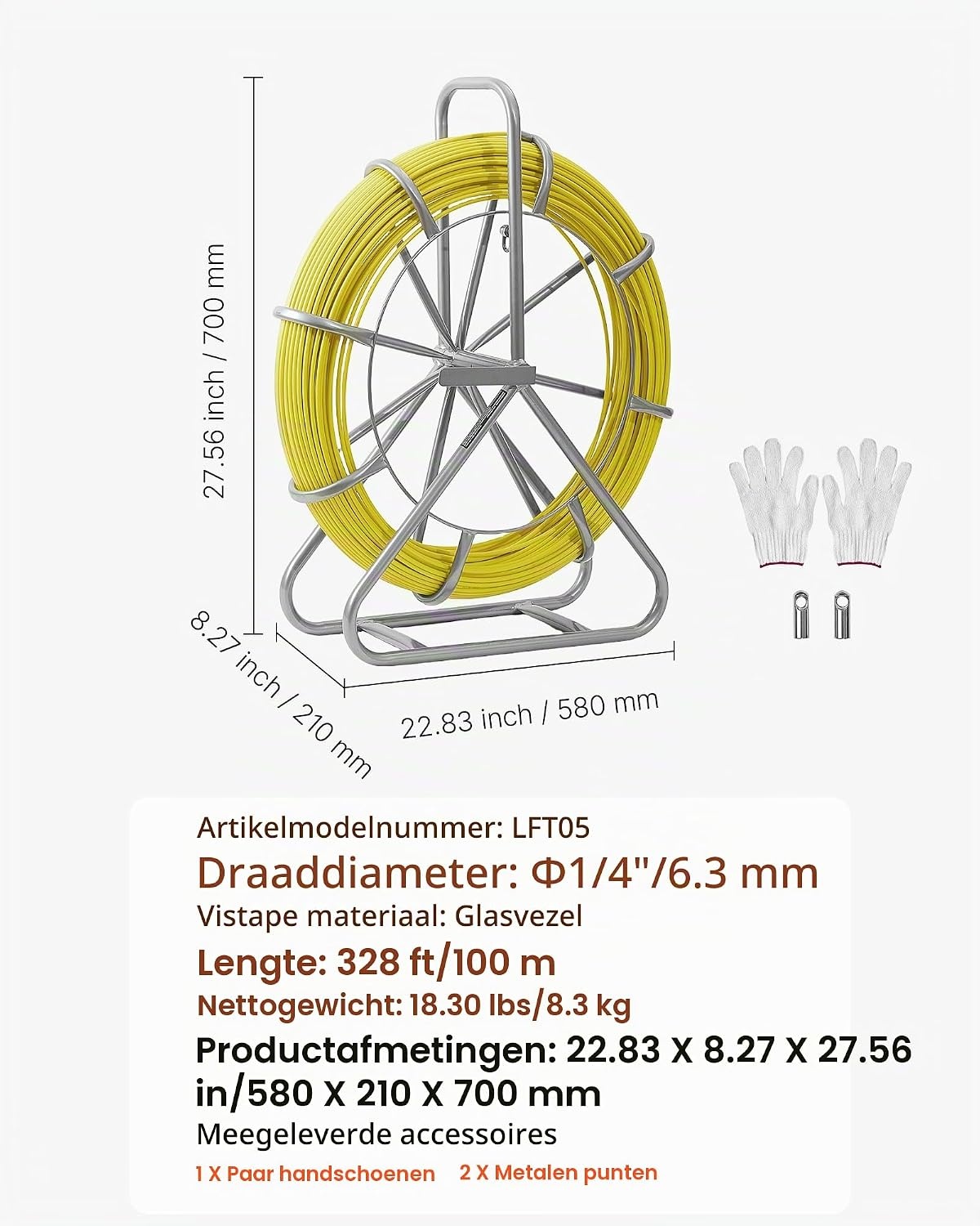 VEVOR Glasvezel Trekveer 100 meter - 6,3 mm - Geel - Met Standdaard