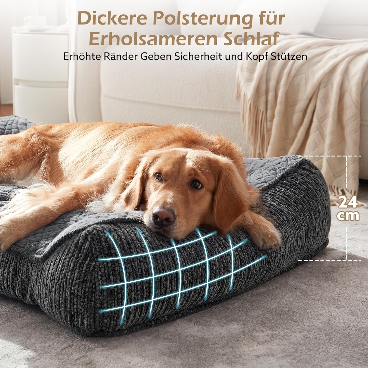 JOEJOY Orthopedisch hondenbed voor grote honden, ergonomisch hondenbed, wasbaar, afneembaar, antislip, met verhoogde rand, hondenmand, zacht, sneeuwvlokken-fleece, 107 x 76 x 24 cm