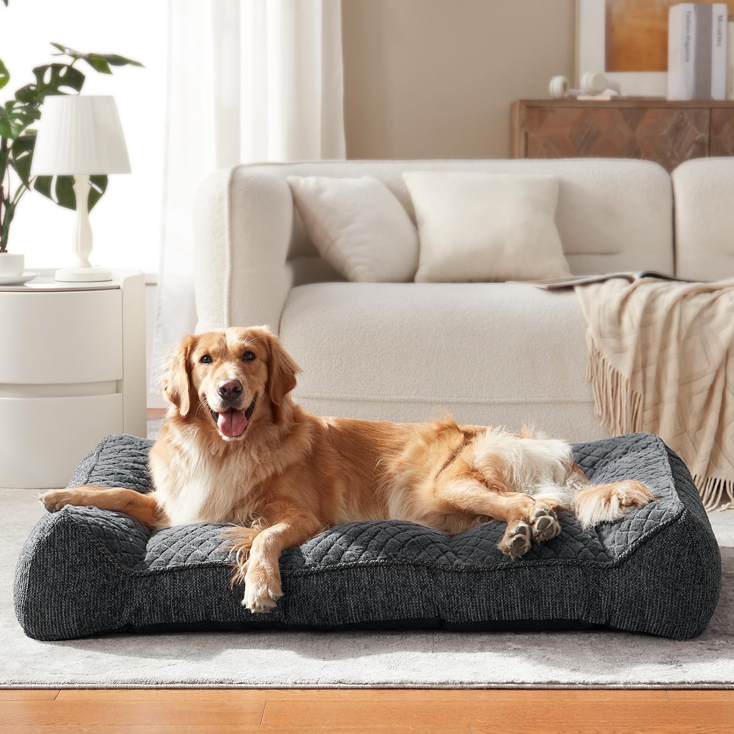 JOEJOY Orthopedisch hondenbed voor grote honden, ergonomisch hondenbed, wasbaar, afneembaar, antislip, met verhoogde rand, hondenmand, zacht, sneeuwvlokken-fleece, 107 x 76 x 24 cm