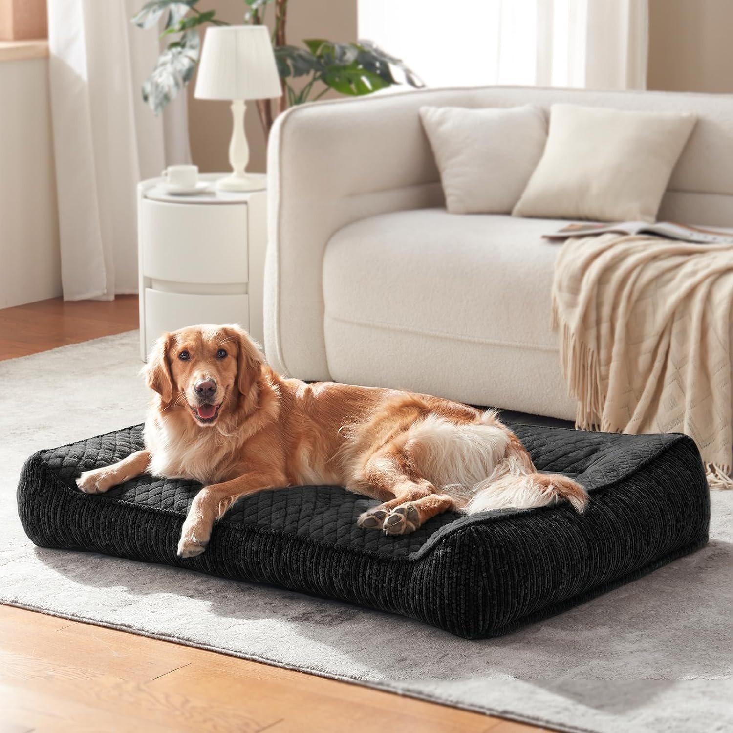 JOEJOY Orthopedisch hondenbed voor grote honden, ergonomisch hondenbed, wasbaar, afneembaar, antislip, met verhoogde rand, hondenmand, zacht, sneeuwvlokken-fleece, 107 x 76 x 24 cm
