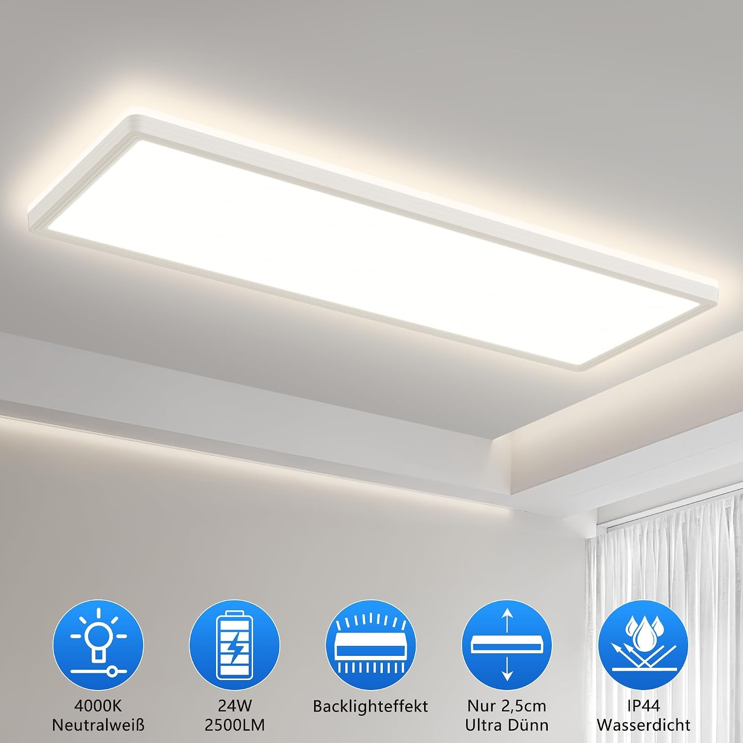 Plafondlamp led-plafondlamp, platte lamp, led-plafondlamp, rechthoekig, 24 W, 2500 lumen, voor kantoor, keuken, woonkamer, 4000 K, neutraal wit licht, achtergrondlichteffect, 580 x 200 x 25 mm (l x b