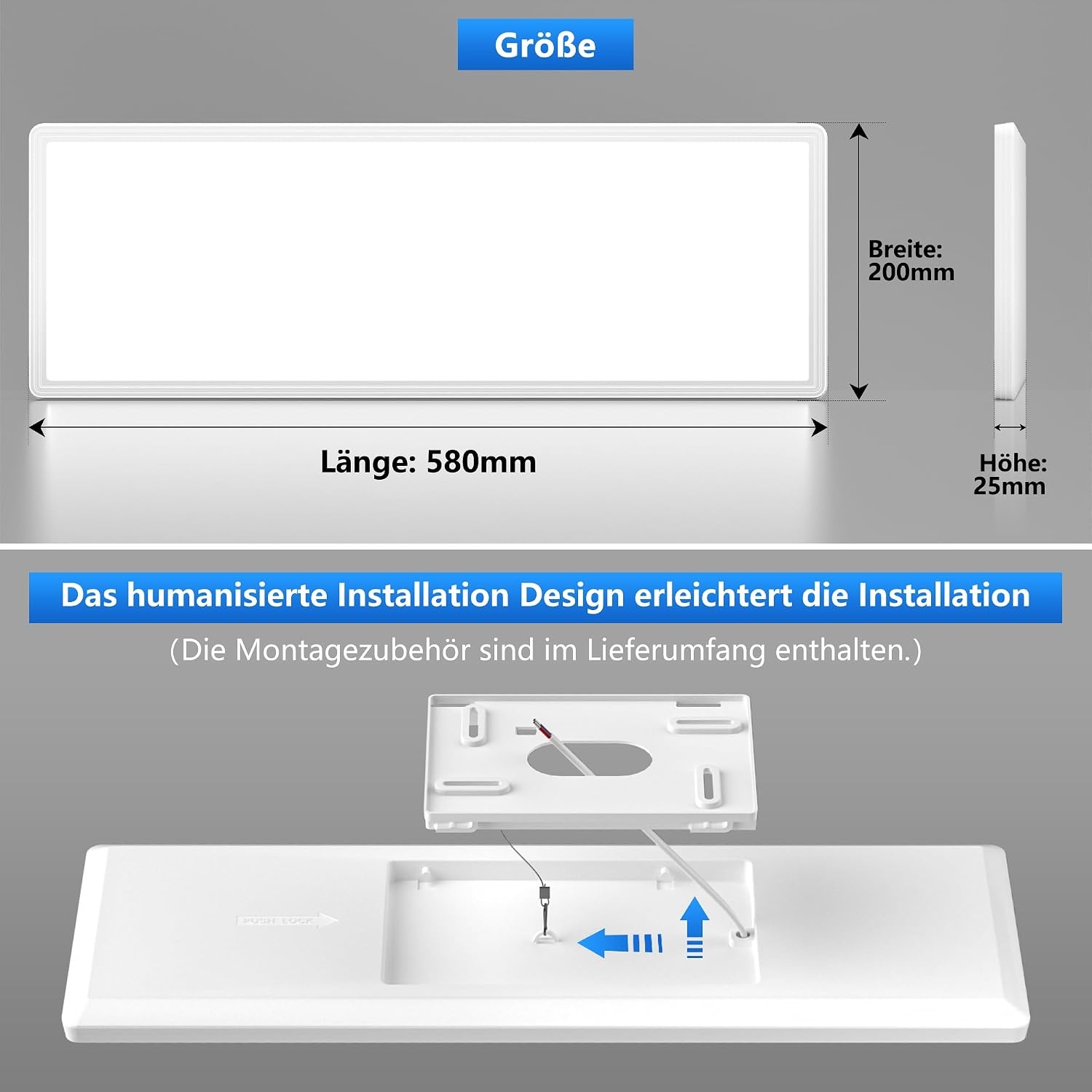 Plafondlamp led-plafondlamp, platte lamp, led-plafondlamp, rechthoekig, 24 W, 2500 lumen, voor kantoor, keuken, woonkamer, 4000 K, neutraal wit licht, achtergrondlichteffect, 580 x 200 x 25 mm (l x b