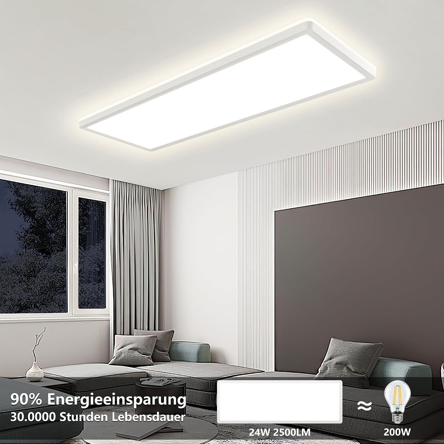 Plafondlamp led-plafondlamp, platte lamp, led-plafondlamp, rechthoekig, 24 W, 2500 lumen, voor kantoor, keuken, woonkamer, 4000 K, neutraal wit licht, achtergrondlichteffect, 580 x 200 x 25 mm (l x b