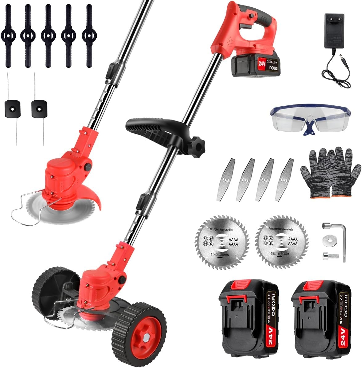 OGORI Accugrastrimmer met 2 x 2,0 Ah accu's, grastrimmer met accu 21 V, grastrimmer met onkruidborstel met 13 snijmessen, gazononderhoud, oprit en tuin, verstelbare handgreep voor