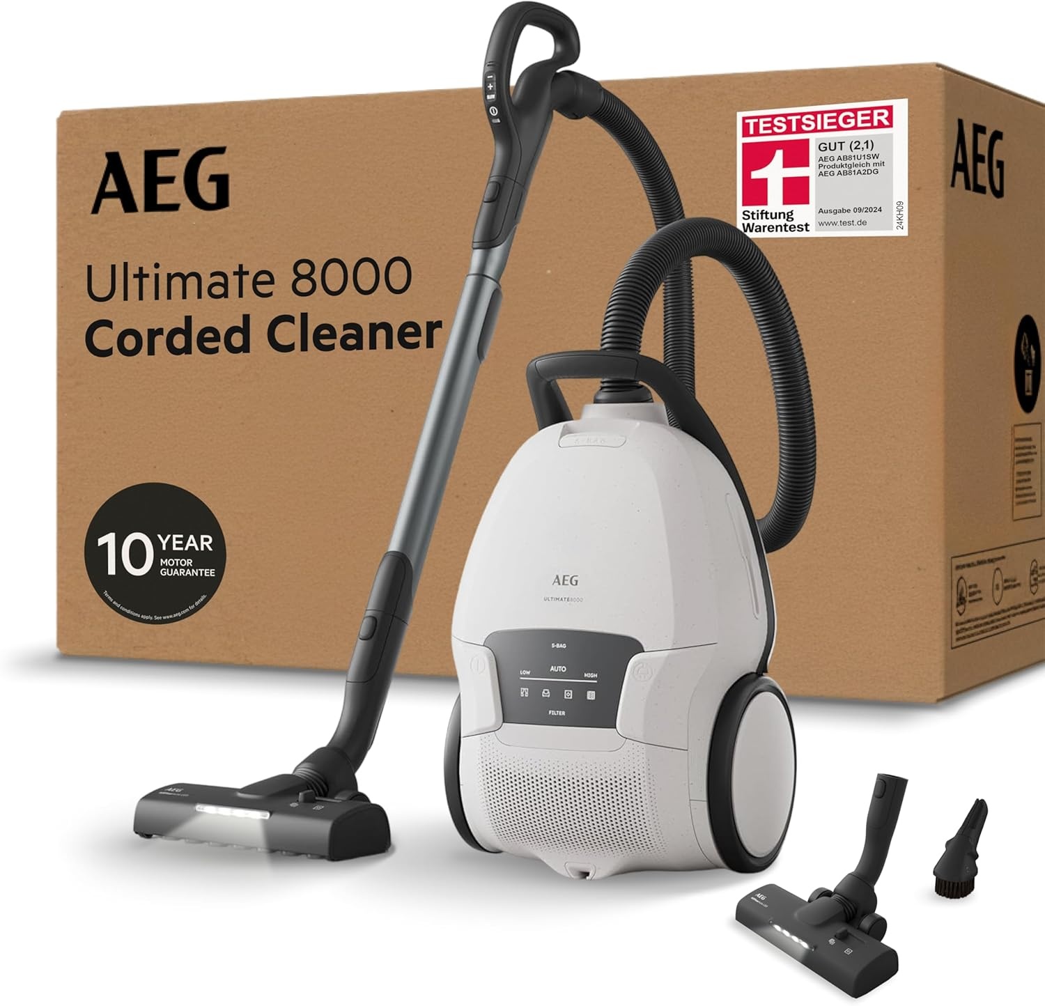 AEG Stofzuiger Wit met Zak: Testsieger 5L, 8000 Serie, 12m Actieradius - 50% Korting