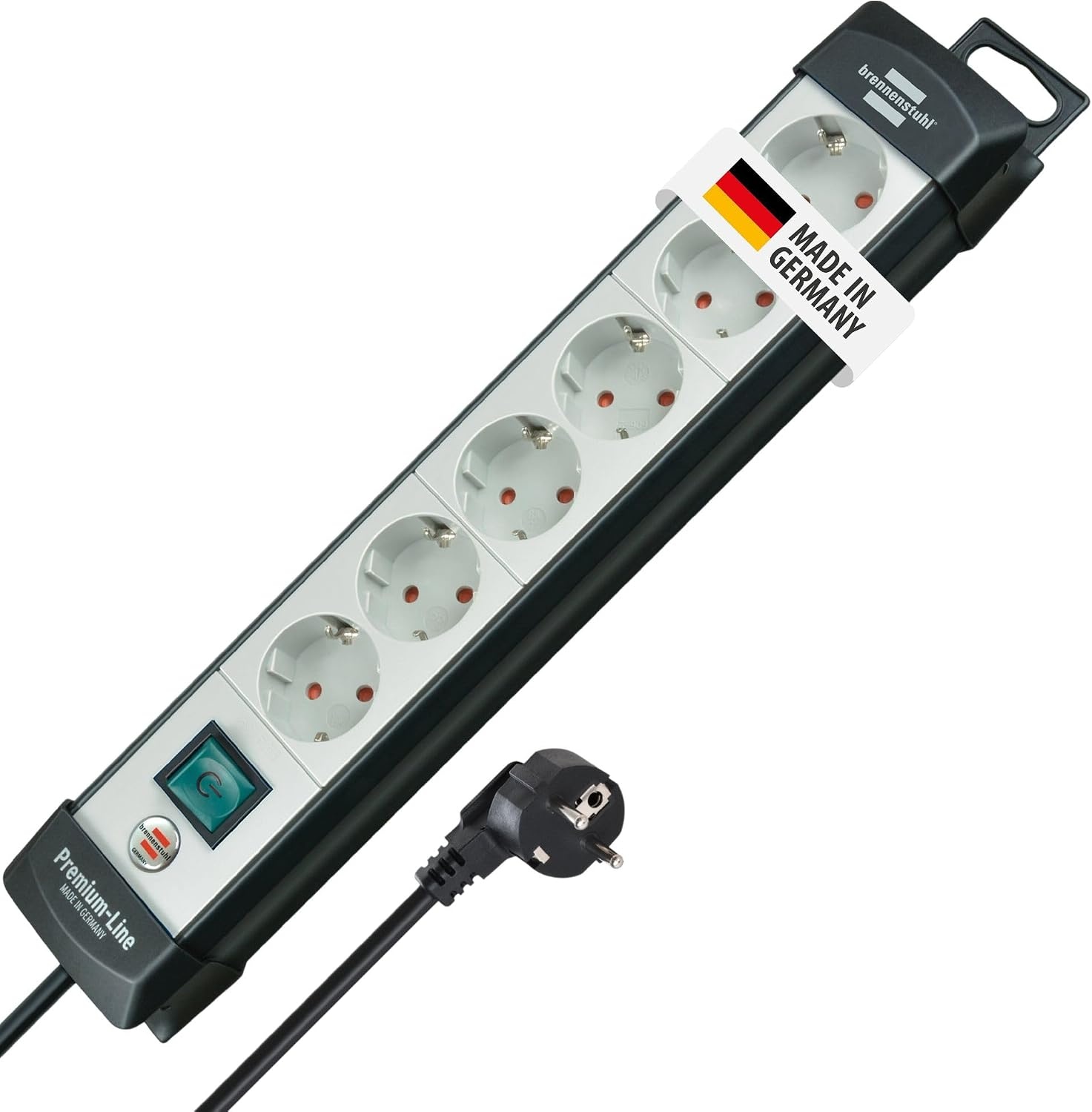 Brennenstuhl Premium-Line Stekkerdoos, 6-voudig (Stekkerblok met schakelaar en 5m kabel - 45° rangschikking van de stopcontacten, monteerbaar) lichtgrijs / zwart Single zwart