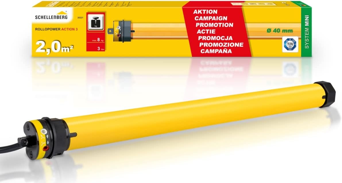 Schellenberg 20221 Rolluikmotor Action Mini voor 40 mm stalen buisassen, mechanische eindpositie-instelling, ideaal voor kunststof rolluiken tot 2 m² oppervlak, rolluikaandrijving - Maat Actie