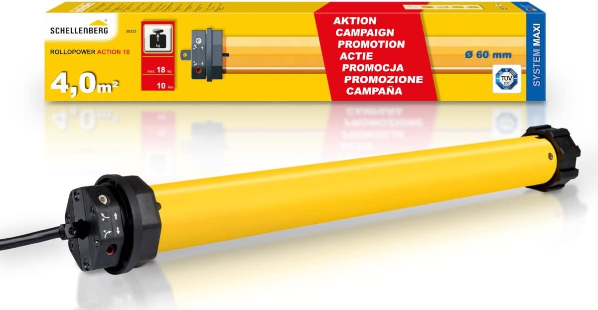 Schellenberg 20221 Rolluikmotor Action Mini voor 40 mm stalen buisassen, mechanische eindpositie-instelling, ideaal voor kunststof rolluiken tot 2 m² oppervlak, rolluikaandrijving - Maat Actie