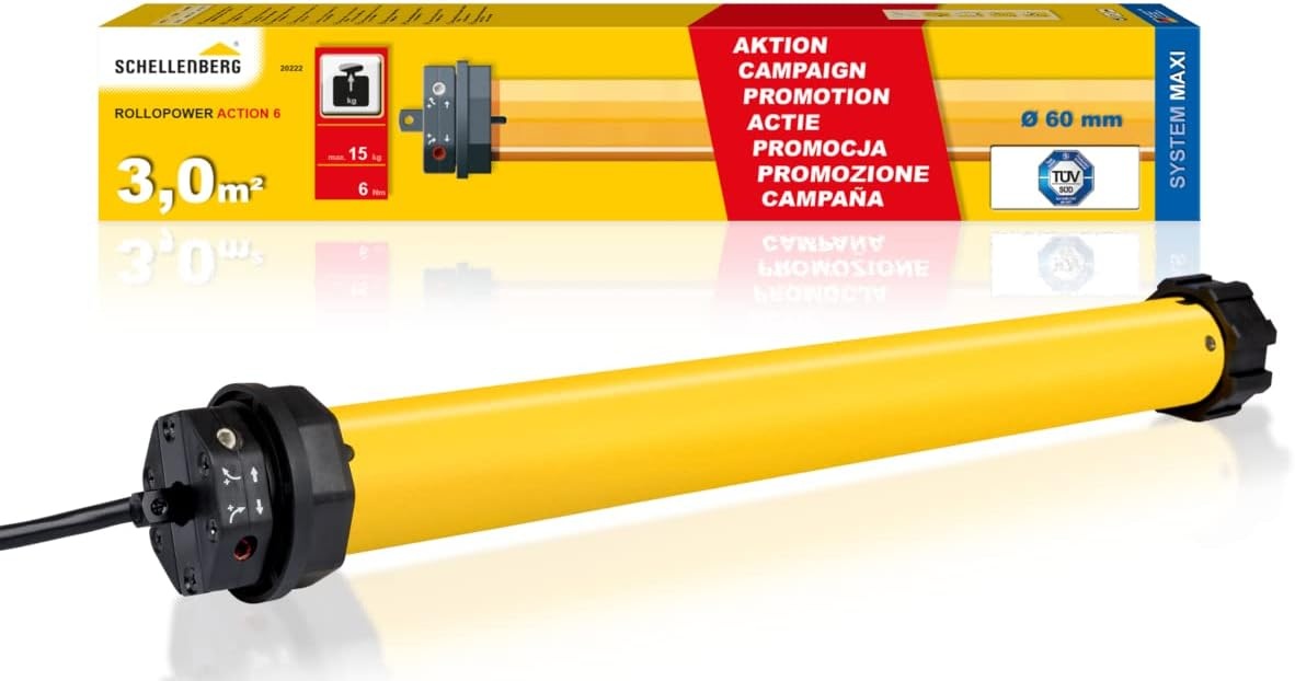 Schellenberg 20221 Rolluikmotor Action Mini voor 40 mm stalen buisassen, mechanische eindpositie-instelling, ideaal voor kunststof rolluiken tot 2 m² oppervlak, rolluikaandrijving - Maat Actie