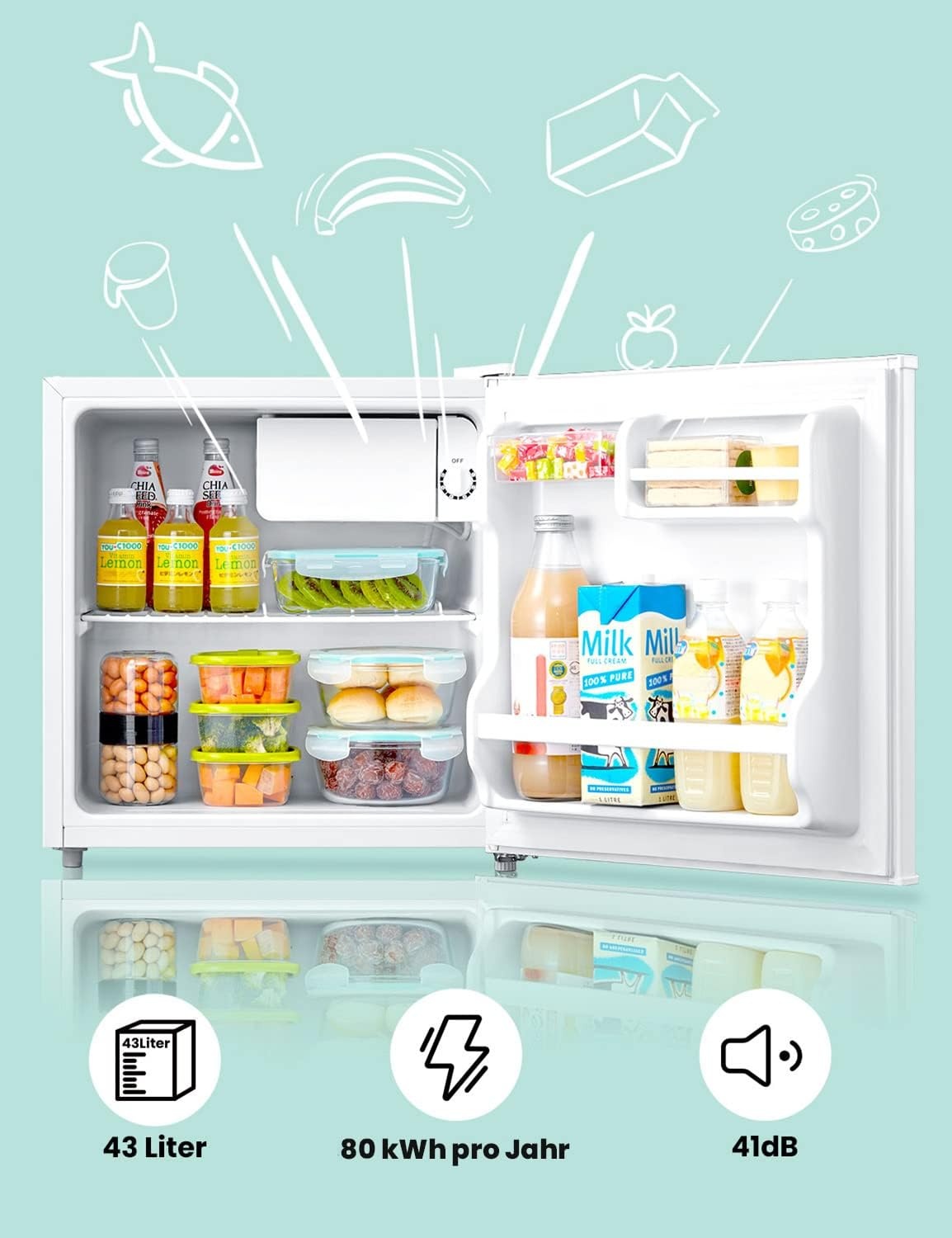 Compacte 43L Minikoelkast met Ijsvak - Ideaal voor Kamer & Kantoor - Wit - 25% Korting