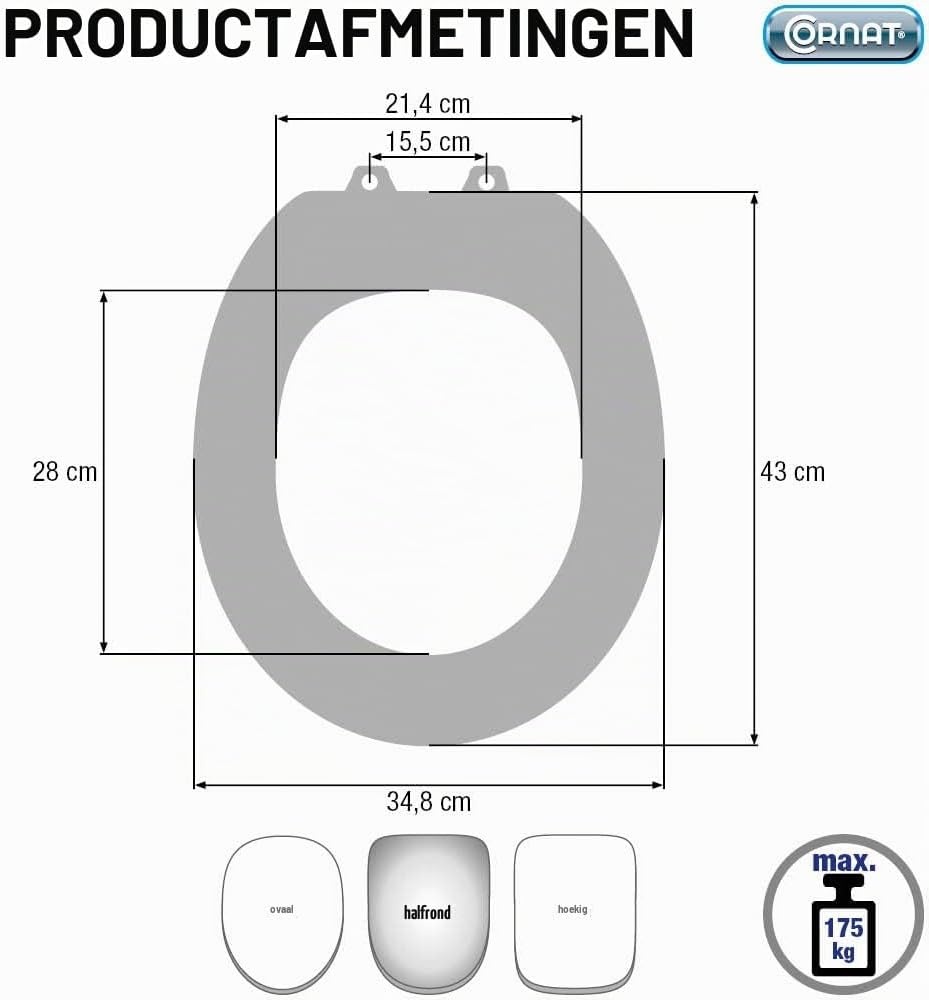 Cornat Premium 8 KSPREMSC800 Ergonomisch Ontwerp Duroplast Easy Care Quick Up & Clean Soft Close-functie Comfortabel inbouwmechanisme Zitting/WC-deksel