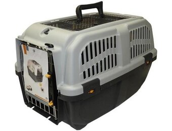 Aimé Transportbox voor katten en honden, transportkooi voor honden en katten, met zijdelingse ventilatieopeningen, metalen rooster en veiligheidsgrendel, kleur grijs, afmetingen 56 x 36 x 35 cm