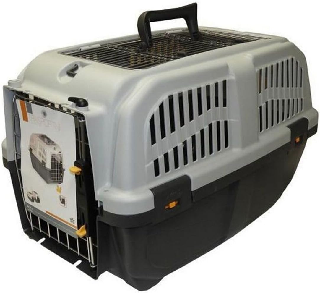 Aimé Transportbox voor katten en honden, transportkooi voor honden en katten, met zijdelingse ventilatieopeningen, metalen rooster en veiligheidsgrendel, kleur grijs, afmetingen 56 x 36 x 35 cm