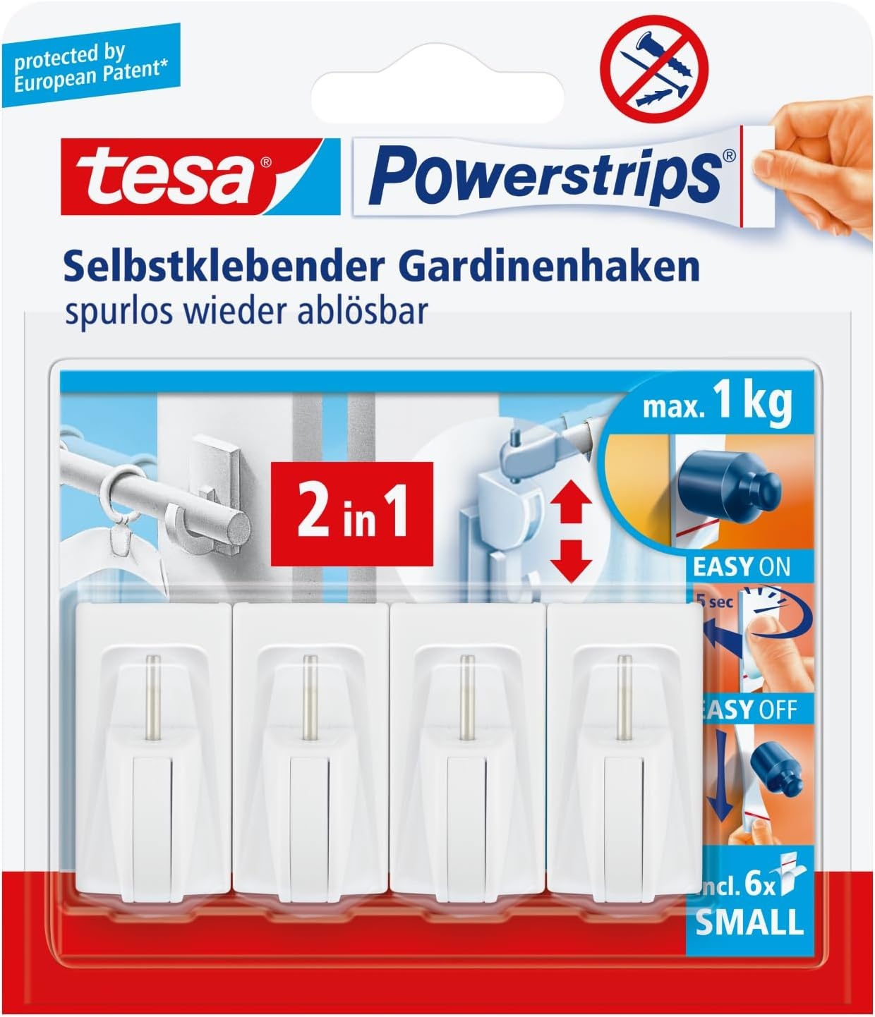 tesa Powerstrips Vario Gordijnhaken - 1 x 4 Stuks - Wit