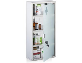 Relaxdays medicijnkastje, 4 vakken, HxBxD: 57 x 27 x 12 cm, afsluitbare EHBO-kast, rvs, glazen deur, hangend, zilver