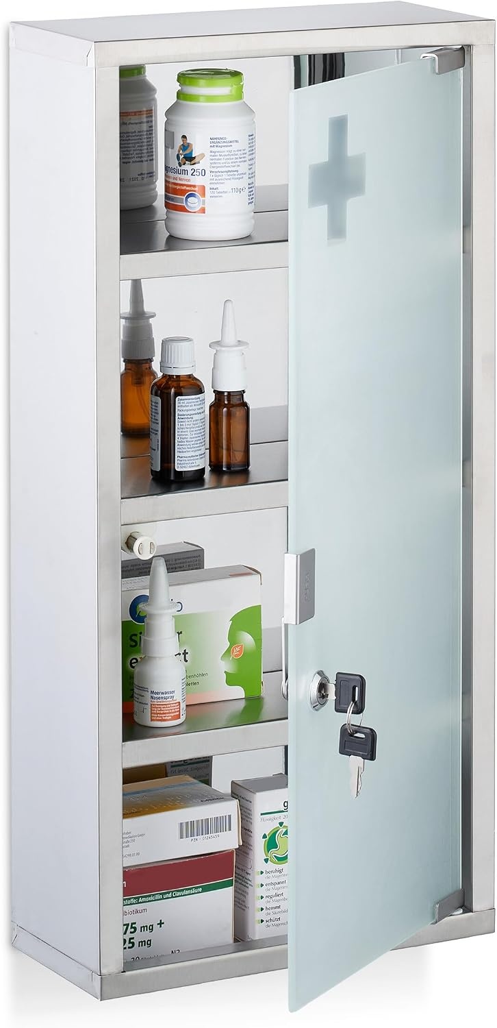 Relaxdays medicijnkastje, 4 vakken, HxBxD: 57 x 27 x 12 cm, afsluitbare EHBO-kast, rvs, glazen deur, hangend, zilver