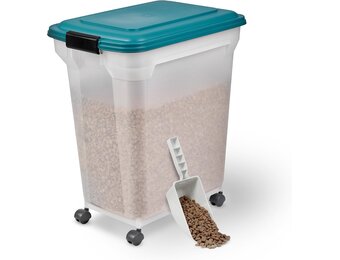 Iris Ohyama, Doos, Plastic voedselcontainer met schep en wielen, L46 x D34 x H50,5 cm, Luchtdicht, BPA-vrij, Voor honden en katten, ATS-L, Eendblauw