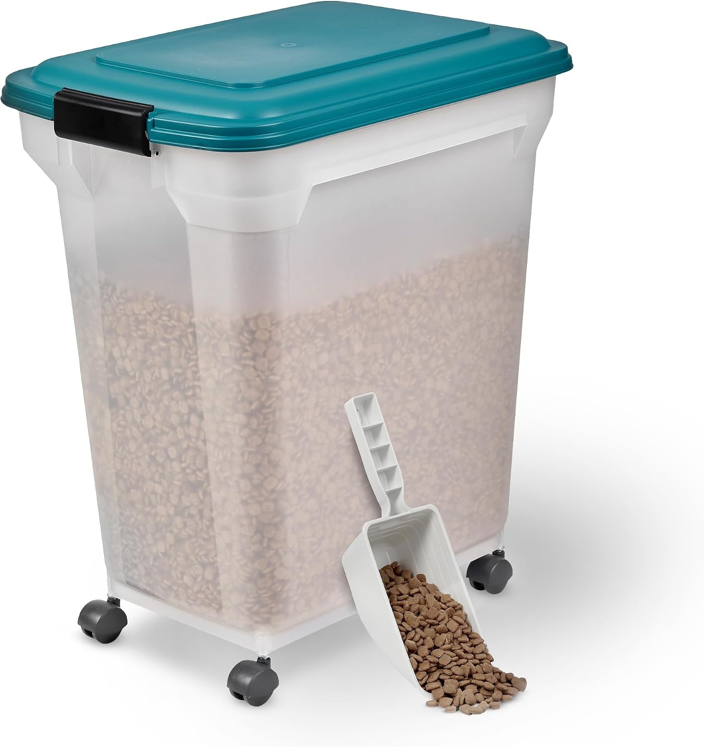 Iris Ohyama, Doos, Plastic voedselcontainer met schep en wielen, L46 x D34 x H50,5 cm, Luchtdicht, BPA-vrij, Voor honden en katten, ATS-L, Eendblauw