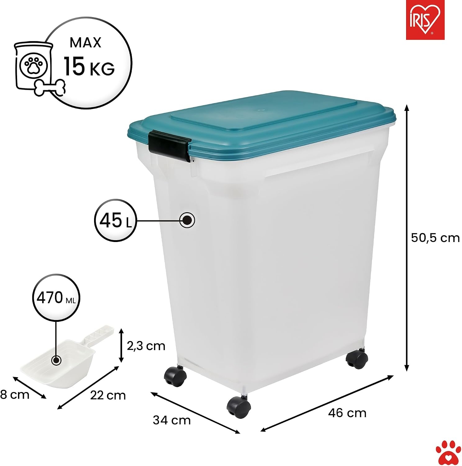 Iris Ohyama, Doos, Plastic voedselcontainer met schep en wielen, L46 x D34 x H50,5 cm, Luchtdicht, BPA-vrij, Voor honden en katten, ATS-L, Eendblauw