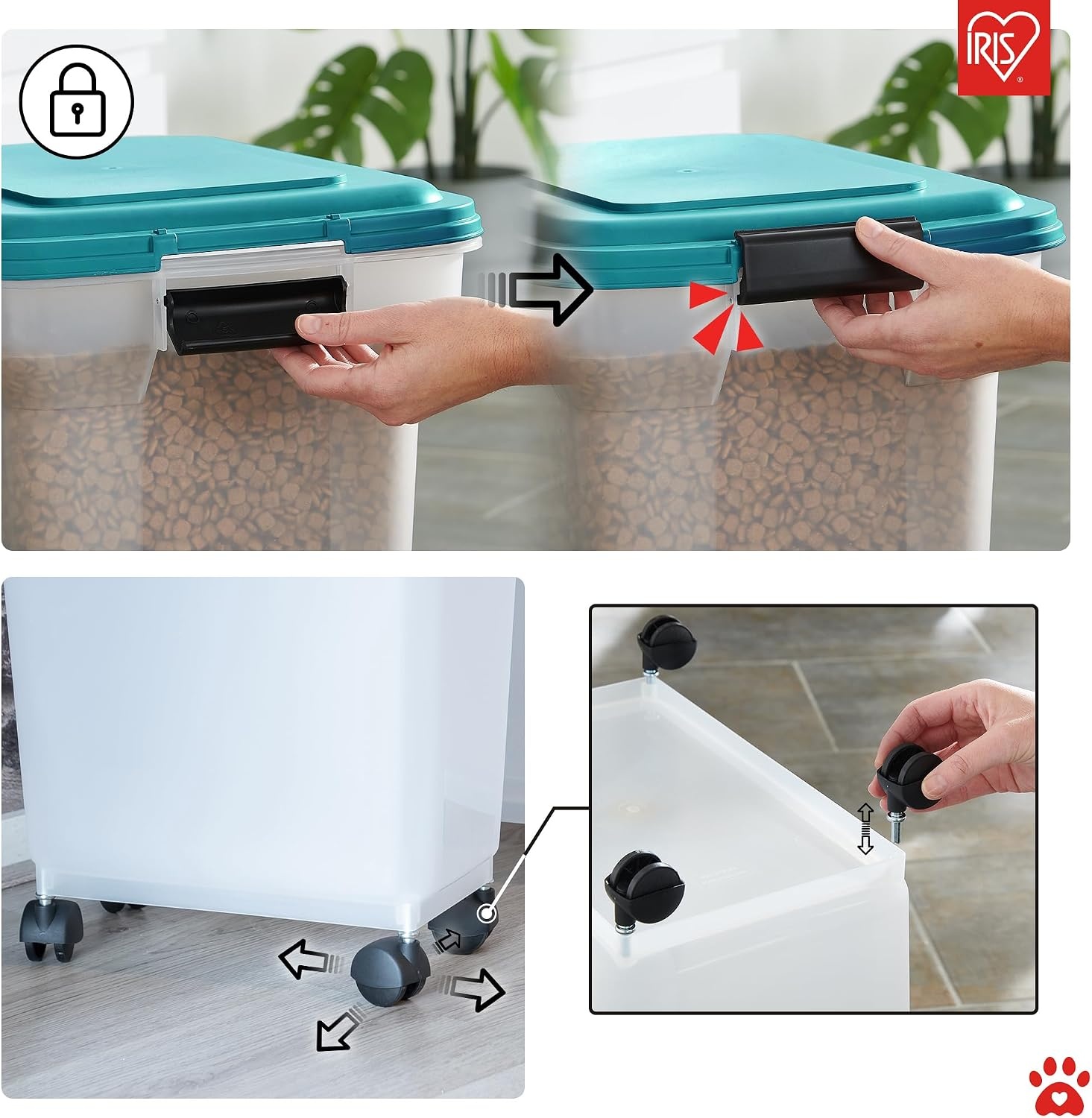 Iris Ohyama, Doos, Plastic voedselcontainer met schep en wielen, L46 x D34 x H50,5 cm, Luchtdicht, BPA-vrij, Voor honden en katten, ATS-L, Eendblauw