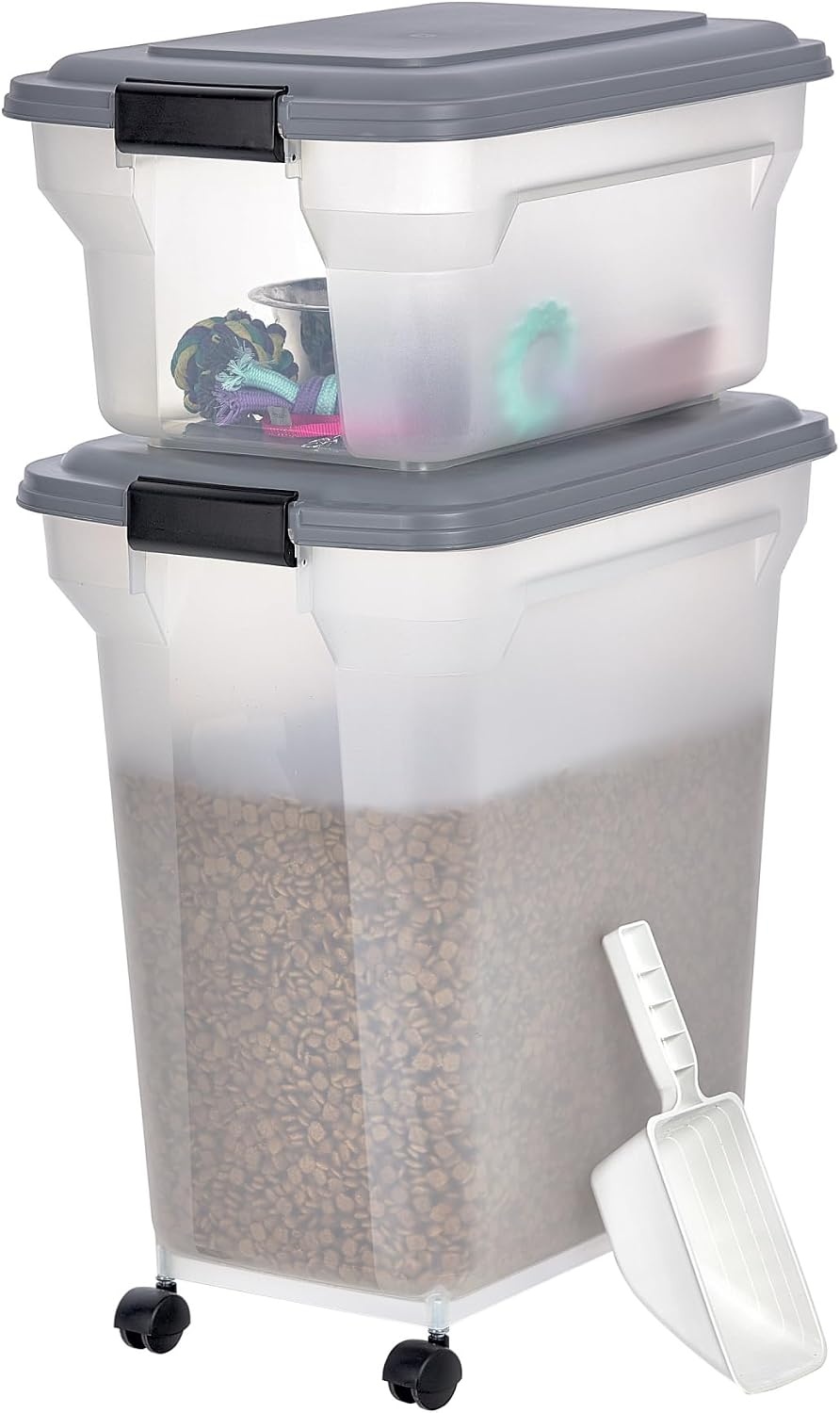 Iris Ohyama, Doos, Plastic voedselcontainer met schep en wielen, L46 x D34 x H50,5 cm, Luchtdicht, BPA-vrij, Voor honden en katten, ATS-L, Eendblauw