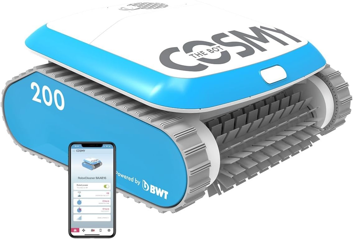 BWT Cosmy 200 Zwembadrobot, bijzonder licht en compact, voor zwembaden met een lengte tot 10 m, betrouwbare reiniging van vloer, muur en waterlijn, voor zwembaden in alle vormen, met app-besturing - Maat COSMY 200