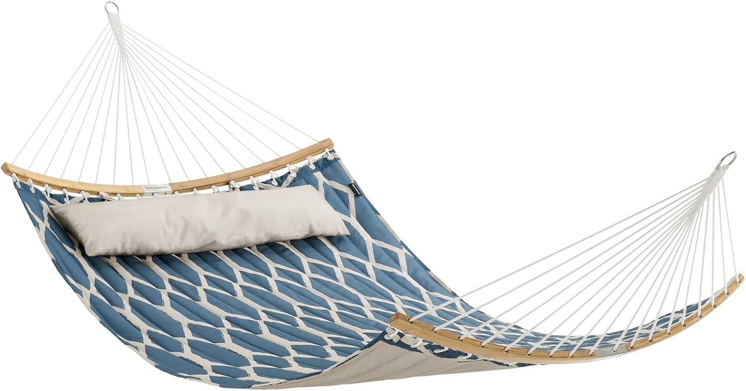 Gewatteerde Hangmat met Bamboe Spreider - Blauw/Beige Ruit - 24% Korting