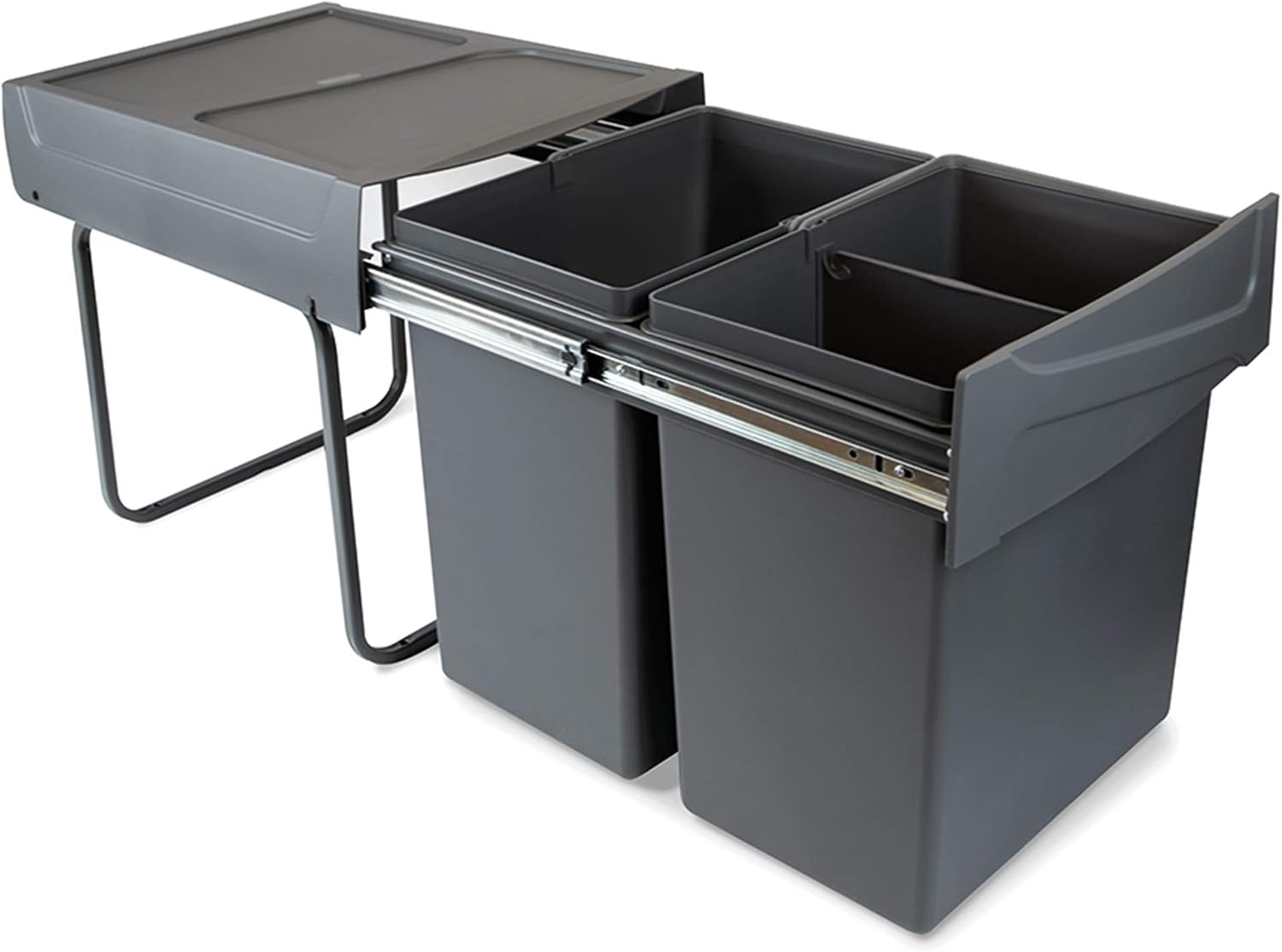 Emuca - Keukenafvalbakken met bevestiging aan de onderkant, 2 uitschuifbare prullenbakken van 20 L, totale capaciteit 40 L (2 x 20 L), staal en kunststof, antracietgrijs