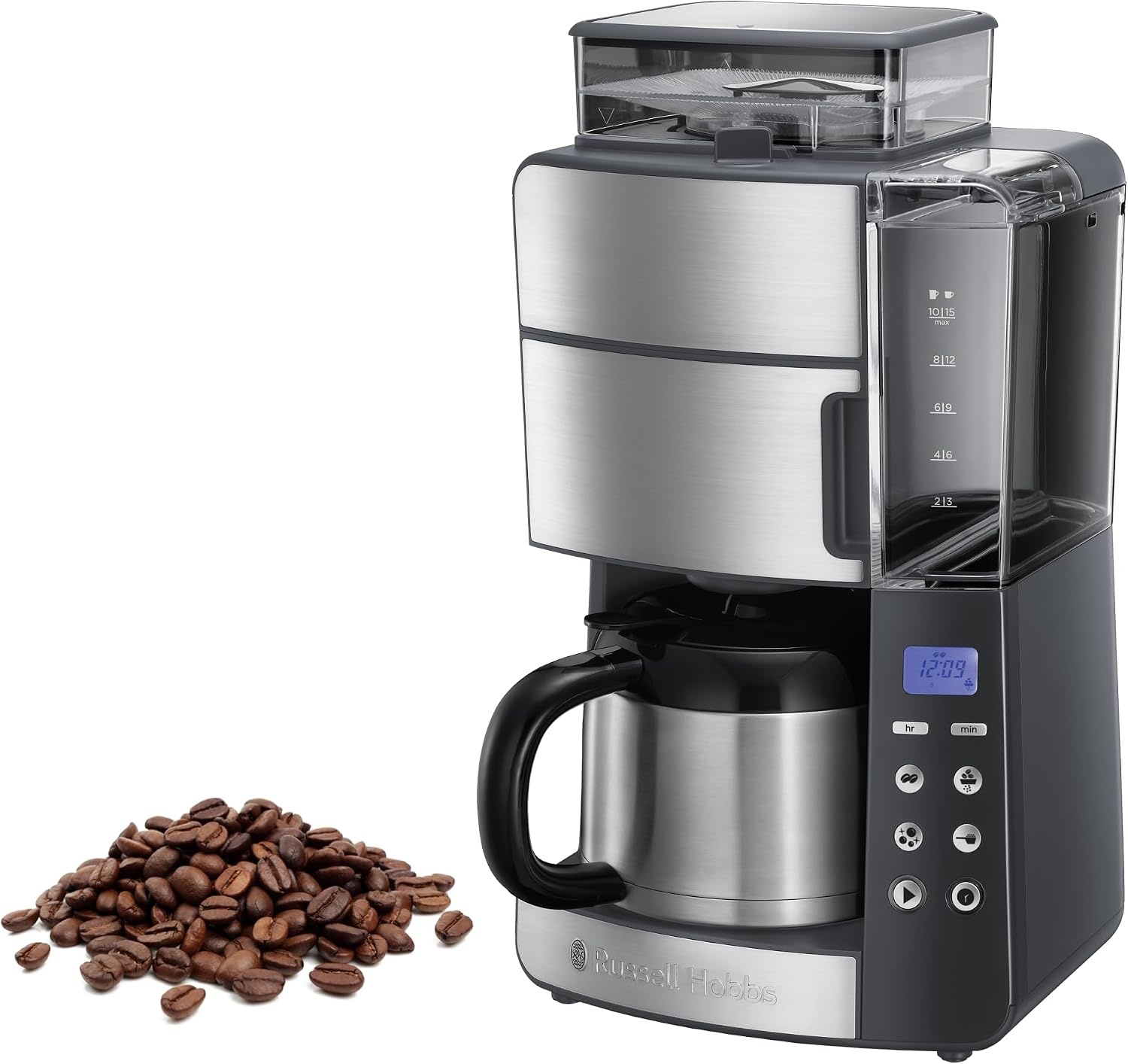 Russell Hobbs Koffiezetapparaat Grind&Brew (10 Koppen (1, 25L), Digitale Timer, incl. Thermos Kan, Geïntegreerde Koffiemaler, 3 Maalstanden, Instelbare Koffiesterkte) 25620-56