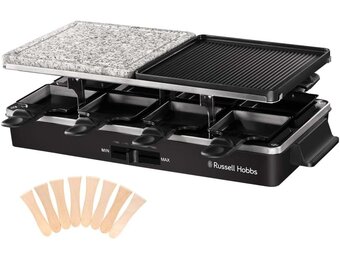 Russell Hobbs Gourmetstel, Raclette Multi 3-in-1, 8 Raclettepannetjes & Houten Spatels, Uitneembare grillplaat, Vaatwasserbestendig, Anti-Aanbaklaag, Aluminium & Stenen grillplaat, 1400 Watt, 26280-56