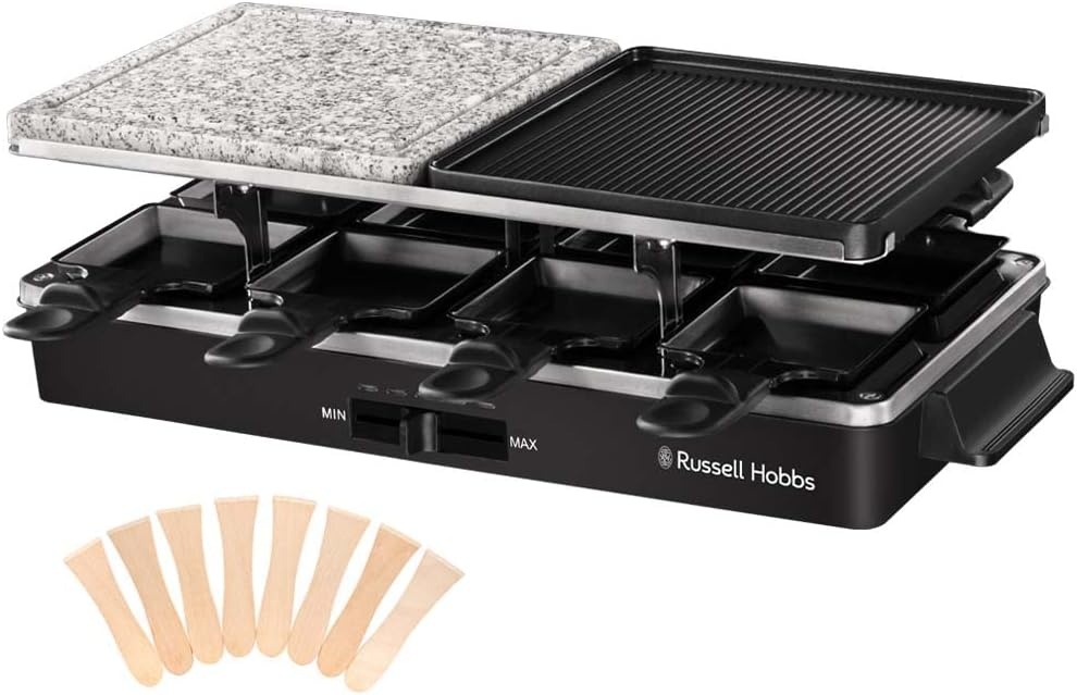 Russell Hobbs Gourmetstel, Raclette Multi 3-in-1, 8 Raclettepannetjes & Houten Spatels, Uitneembare grillplaat, Vaatwasserbestendig, Anti-Aanbaklaag, Aluminium & Stenen grillplaat, 1400 Watt, 26280-56