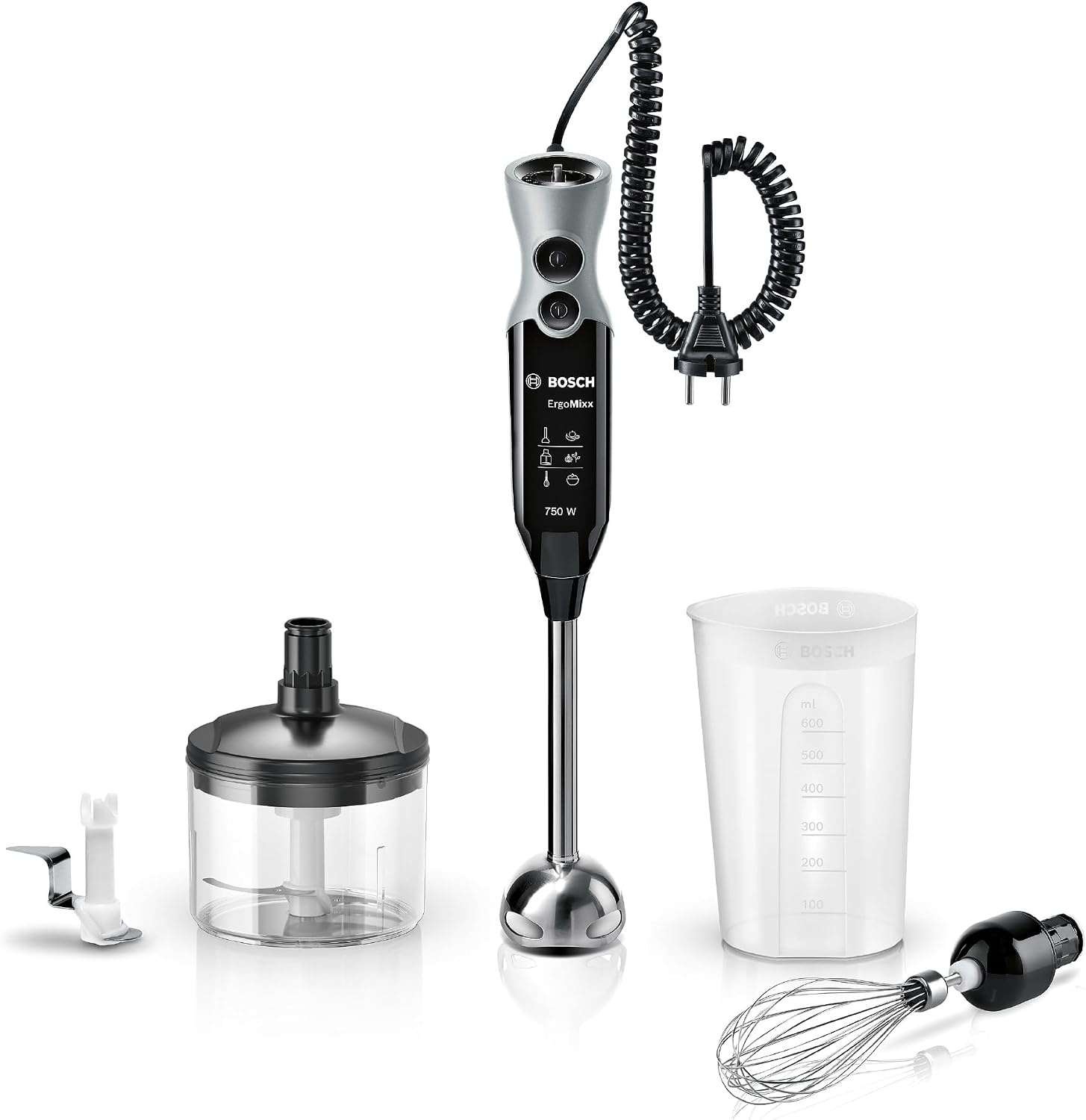 Bosch, staafmixer, ErgoMixx, MSM67170, 750 watt motor, 12 snelheden & turbofunctie, hakmolen, garde, ijs-crush mes, mengbeker, uittrekbaar snoer, zwart