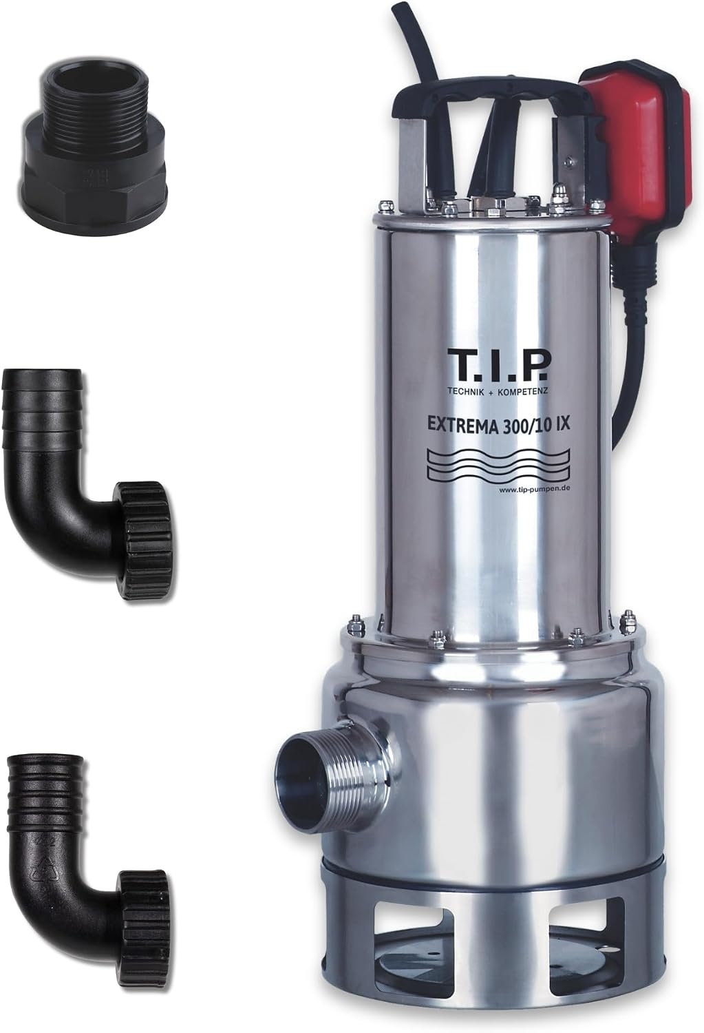 T.I.P. Extrema 300/10 IX 30072 Vuilwaterpomp, bouwpomp, debiet tot 19.500 l/u, opvoerhoogte max. 10,5 m/druk max. 1,05 bar, 1.200 W, met roestvrijstalen loopwiel, geschikt voor wasmiddel