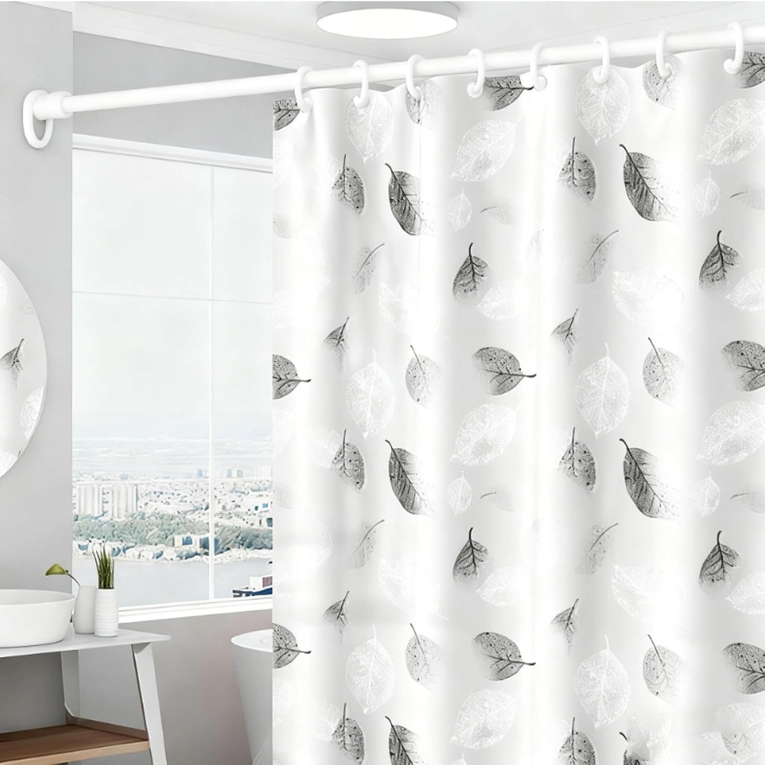 Douchegordijn 180 × 200cm Badkamer Gordijn - Witte Kleur Bladeren Anti-Mildew Gordijn - met 12 Gordijnhaken - Wasbaar Douchegordijn, Kan Gebruikt Worden In Huis, Hotel, Badkamer