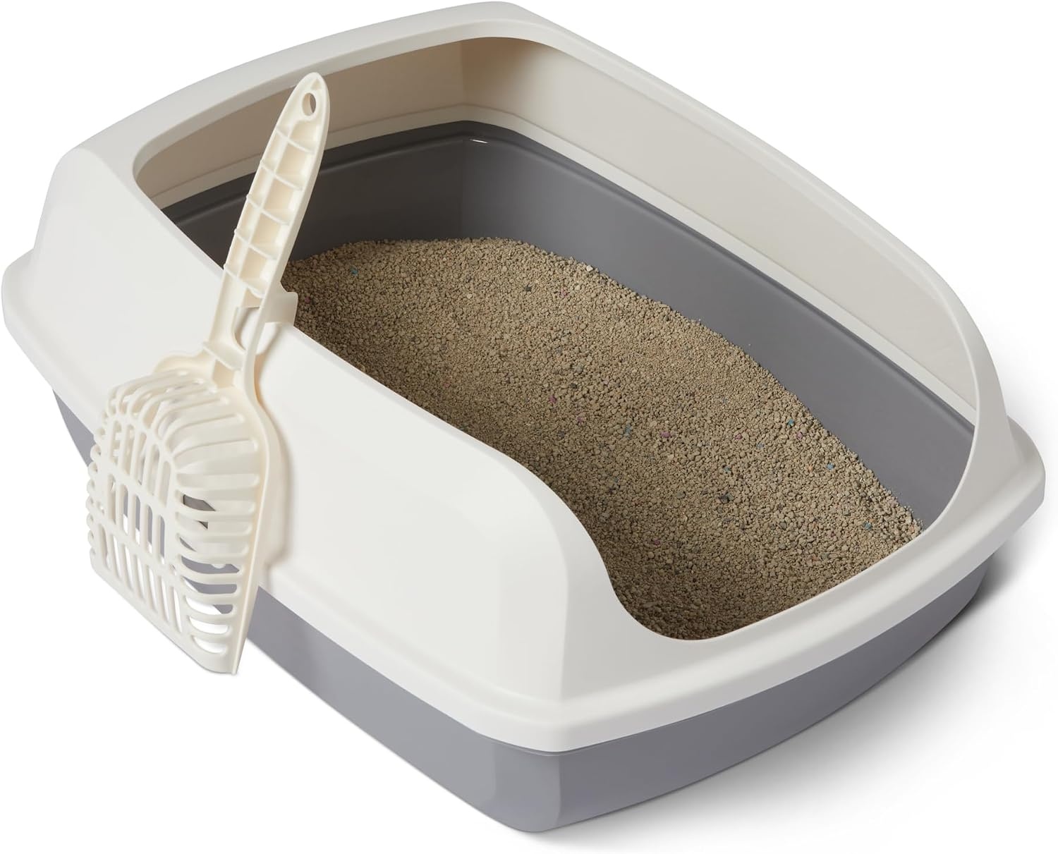 Amazon Basics Grote Open Kattenbak met Schep - Wit/Grijs - 51 x 38 x 20 cm