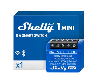 Shelly 1 Mini Gen3 – Micromodule Wi-Fi Schakelrelais│ 1 Kanaal 8A│ Potentiaalvrije Contacten│ Slimme Garagedeuropener│ Afstandsbediening via App│ Compatibel met Alexa│ Google Home en SmartThings