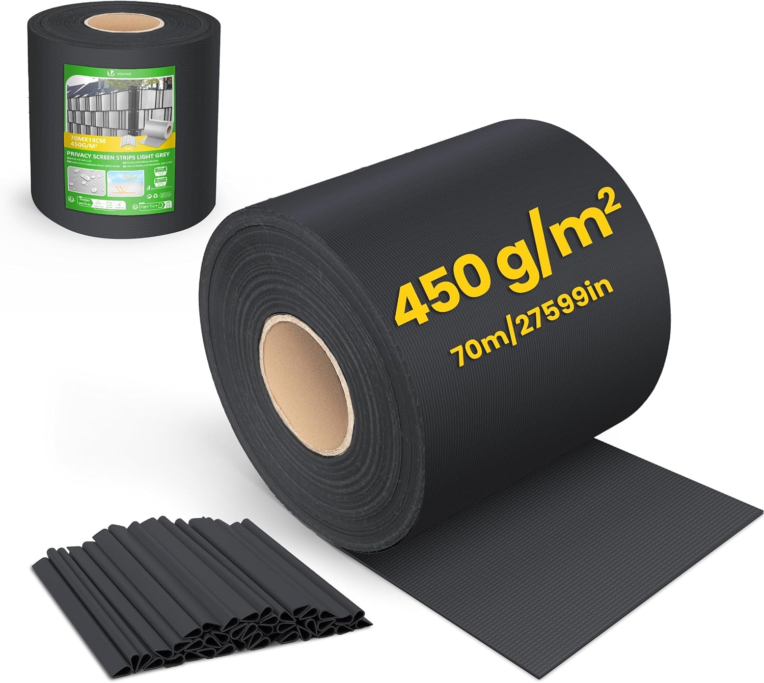 vounot Privacyscherm, pvc-hek, 450 g/m², inkijkbescherming voor tuin, verduisteringsfolie, 19 cm x 70 m, met 40 bevestigingsclips voor gaaspanelen, stijve hekken, zwart