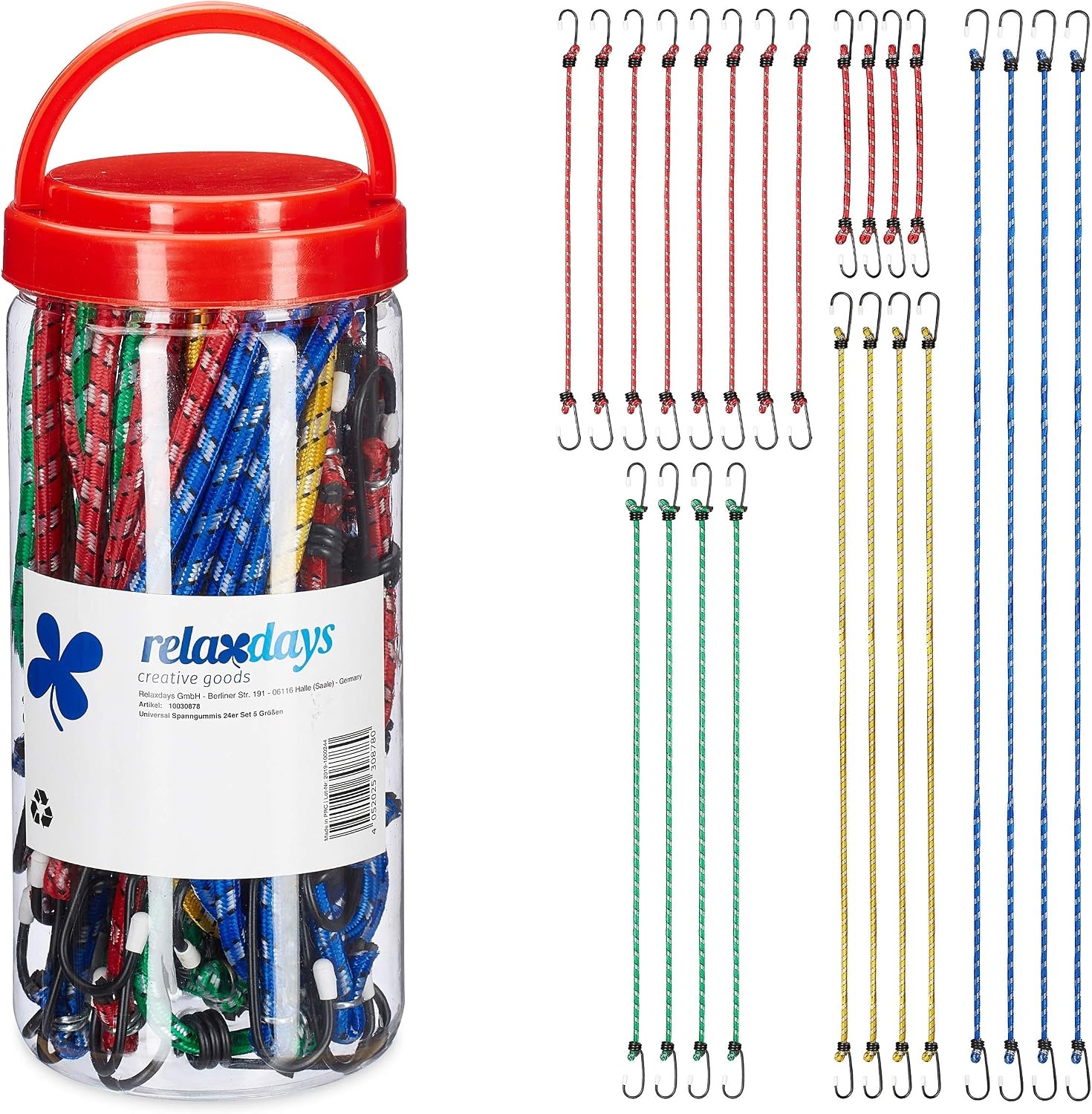 Relaxdays snelbinders met haak, 24 stuks, bagagespin voor auto & fiets, 5 groottes, universele spinbinder, meerkleurig