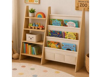 Relaxdays kinderboekenkast, stoffen zakken & 4 planken, wit/natuur