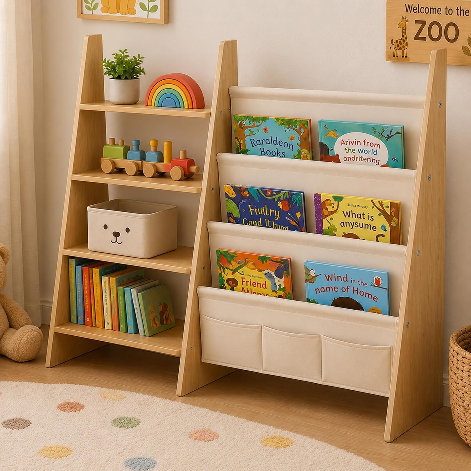 Relaxdays kinderboekenkast, stoffen zakken & 4 planken, wit/natuur