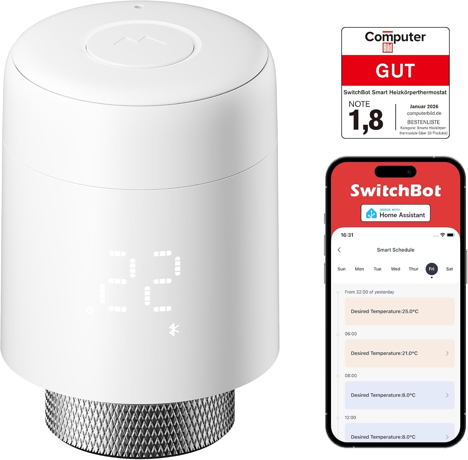 SwitchBot Slimme radiatorthermostaat, bluetooth-thermostaat met app-strooisering en tijdplanning, energiebesparing, eenvoudige installatie, compatibel met Alexa, Apple Home en Google Home (hub vereist - Maat Standaard