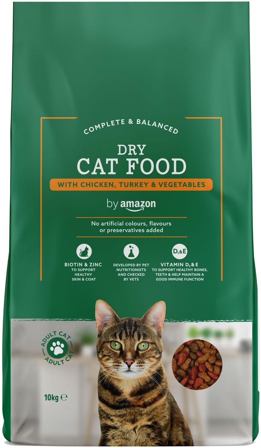 Amazon-Merk: Solimo - Compleet Droog Voedsel Voor Volwassenen Katten Met Kip, Kalkoen En Groenten, Per Stuk Verpakt (1 X 10 Kg)
