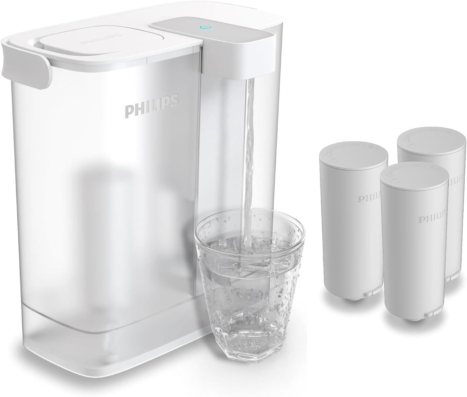 PHILIPS Water Instant Filter, 3 SOFTENING+ vervangende filterpatronen, TOT 50% MEER KALKANTVERMINDERING, 3 liter inhoud, 1 l/min snelstroom, oplaadbaar via USB-C