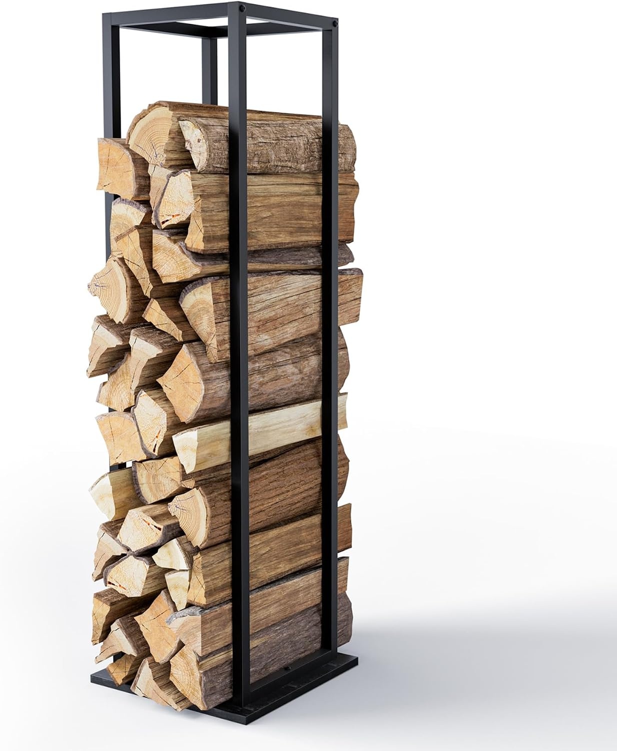 VOUNOT® Haardhoutrek Metaal 33x33x112 cm, Verticale Houtopslag voor Open Haard, Kaminhoutrek met Bodemplaat, Ruimtebesparend en Stevig voor Binnen en Buiten, Zwart - Maat 33x33x112cm